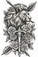 A gun and arrow crossed with a lion's head and feathers entwined, surrounded by roses tattoo design idea
