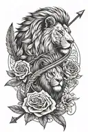 A gun and arrow crossed with a lion's head and feathers entwined, surrounded by roses tattoo design idea