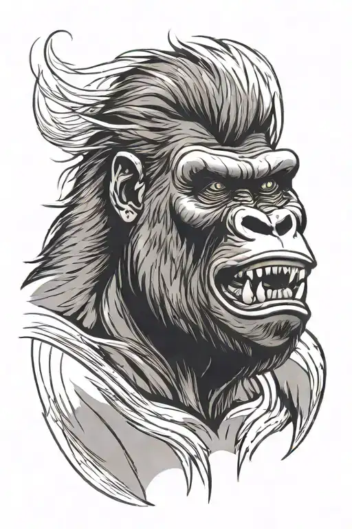 Portrait of raging gorilla with mouth fully open. Gaizing angry straight forward. Thin lines. shaded black and grey tattoo design idea