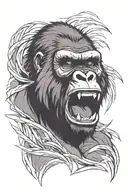 Portrait of raging gorilla with mouth fully open. Gaizing angry straight forward. Thin lines. shaded black and grey tattoo design idea