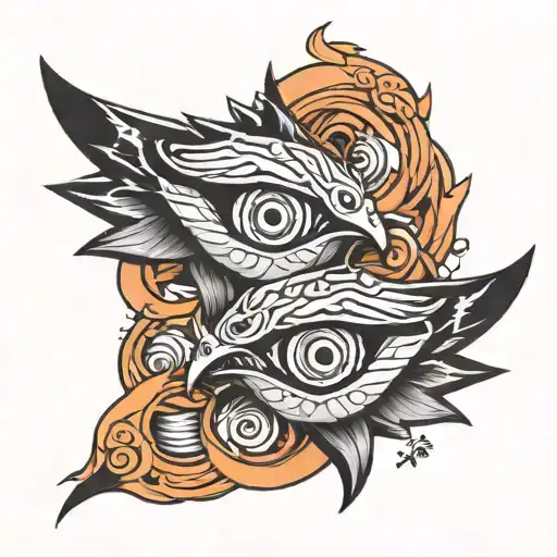 a black and white tattoo of two kunais, with Naruto Uzumaki's eyes in one and Sasuke Uchiua's eyes in the other. tattoo design idea