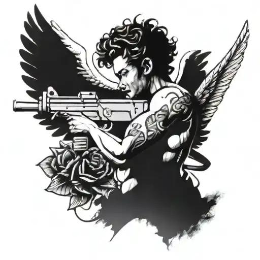 cupid with an uzi submachince gun tattoo design idea