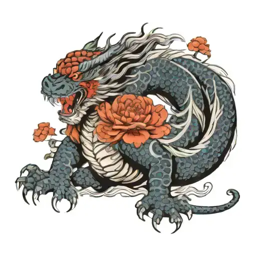 Dragon fighting tiger with flowers in red details, everything else black and white tattoo design idea