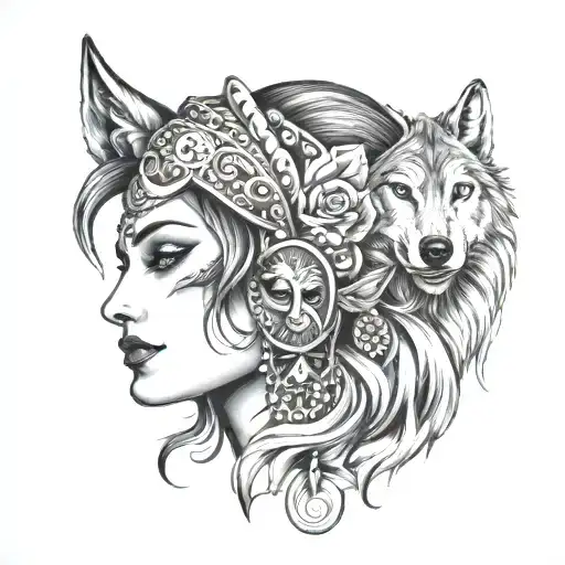 Gypsy girl head with a wolf head tattoo design idea