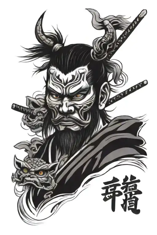 Samurai face like an oni mask black and white tattoo design idea