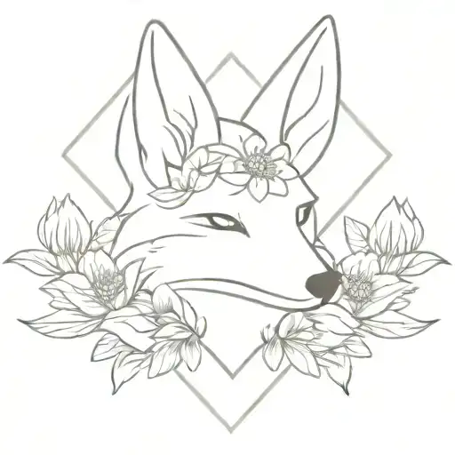 kitsune head with a diamond on the forhead and flowers around it tattoo design idea