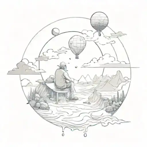 A surreal scene of a philosopher questioning reality, with distorted landscapes and floating objects tattoo design idea