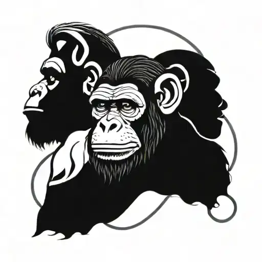 A surreal composition of the three wise monkeys (see no evil, hear no evil, speak no evil) with a modern twist, incorporating geometric patterns on the upper back in a blackwork style tattoo design idea