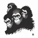 A surreal composition of the three wise monkeys (see no evil, hear no evil, speak no evil) with a modern twist, incorporating geometric patterns on the upper back in a blackwork style tattoo design idea