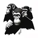 A surreal composition of the three wise monkeys (see no evil, hear no evil, speak no evil) with a modern twist, incorporating geometric patterns on the upper back in a blackwork style tattoo design idea