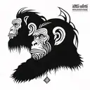 A surreal composition of the three wise monkeys (see no evil, hear no evil, speak no evil) with a modern twist, incorporating geometric patterns on the upper back in a blackwork style tattoo design idea