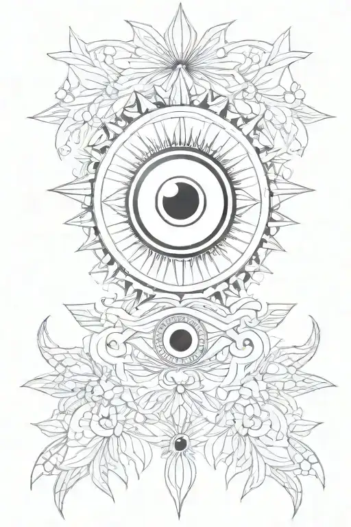 Turkish evil eye surrounded by sunbeams tattoo design idea