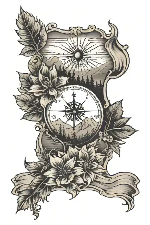 A black-grey style left arm sleeve tattoo symbolizing the Pacific Northwest with elements such as mountains, evergreens, water, compass, sunflower, small golf club, and dahlia on the shore tattoo design idea