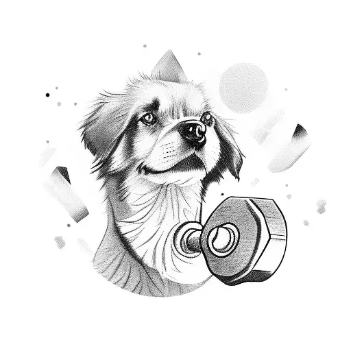A student lifting weights in the gym with a silhouette of a dog in the background tattoo design idea
