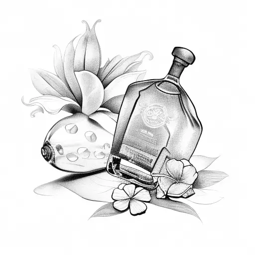 A tequila bottle and glass surrounded by tropical flowers tattoo design idea