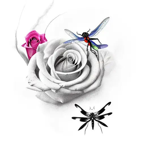 two roses and a dragonfly in the middle of them tattoo design idea