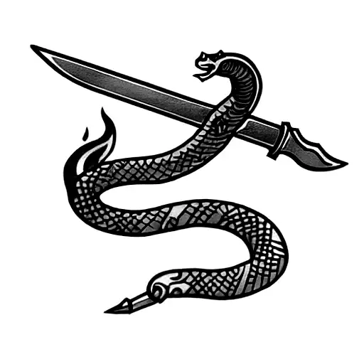 Sword with a serpent spitting fire tattoo design idea
