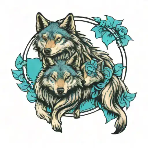 2 vaporwave wolves intertwined tattoo design idea