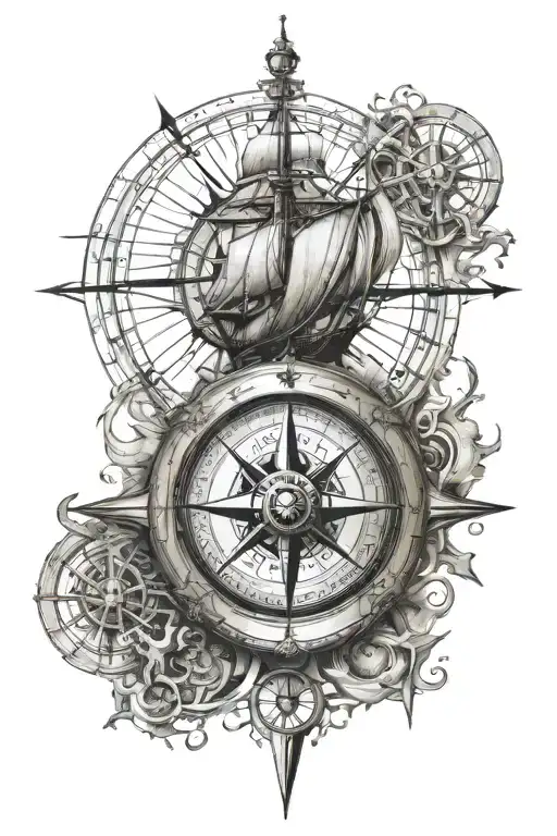 nautical compass split in half one half is a sailing ship including an anchor down the middle  tattoo design idea