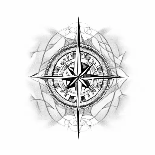 compass with vines and roses going through the mountains with a river and a road running through out  tattoo design idea