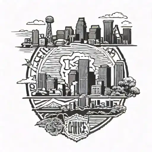 Skyline of downtown Kansas City with a silhouette of the Kansas City Chiefs logo incorporated tattoo design idea