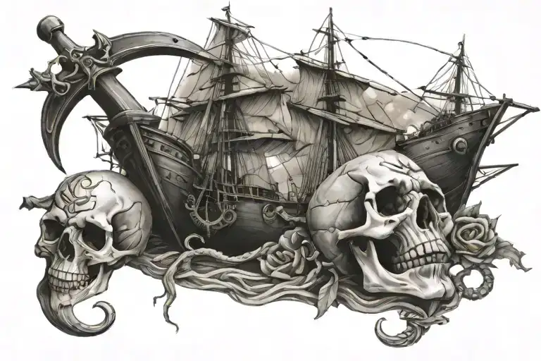 skull ship and anchor tattoo design idea
