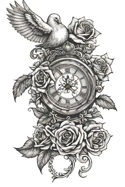 Roses, Ayla, Clock, Dove flying tattoo design idea
