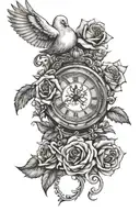 Roses, Ayla, Clock, Dove flying tattoo design idea