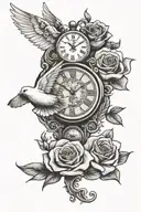 Roses, Ayla, Clock, Dove flying tattoo design idea