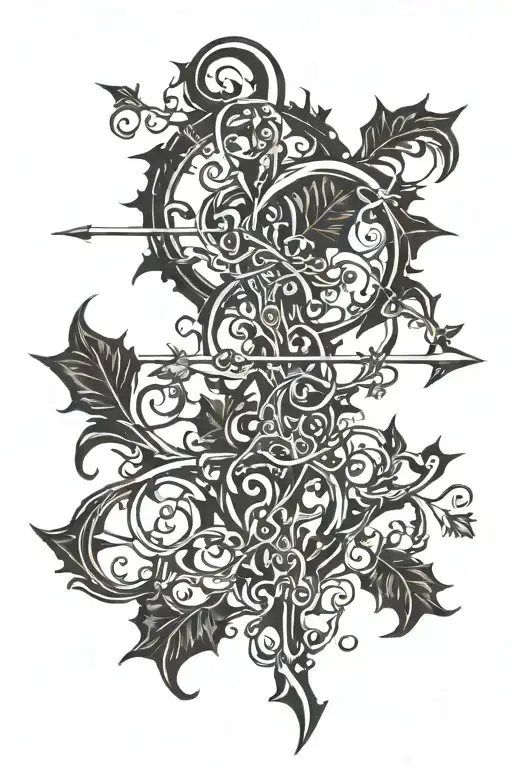 A gothic design of a bow and arrow intertwined with vines and leaves tattoo design idea