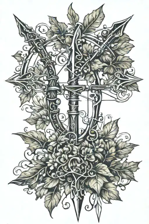 bow and arrow with ivy leaves tattoo design idea