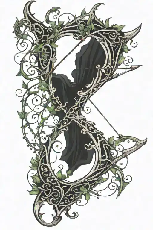 a vine themed elvish bow and arrow that looks like an actual bow with no background tattoo design idea