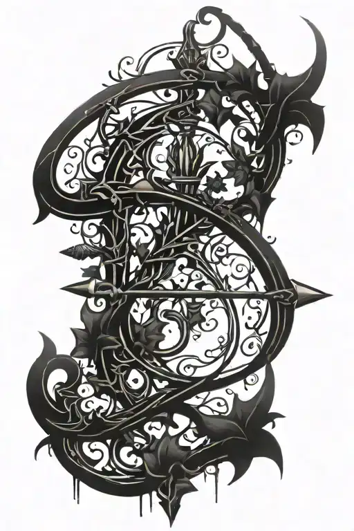 A majestic bow and arrow intertwined with vines tattoo design idea