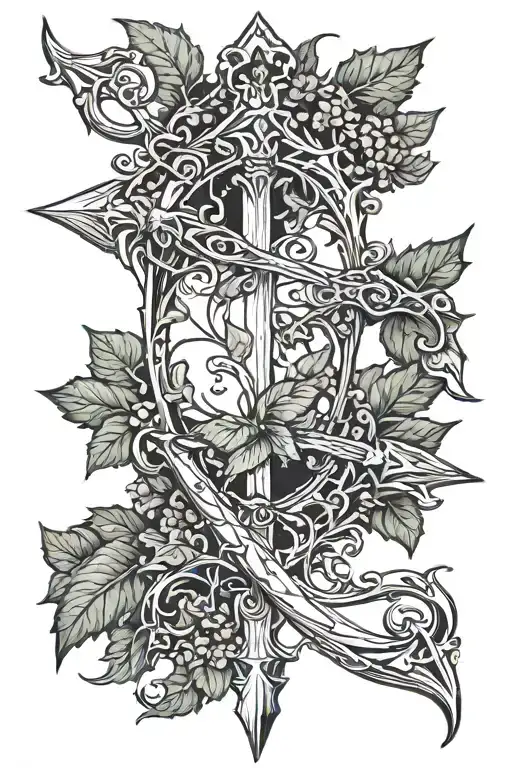 bow and arrow with ivy leaves tattoo design idea