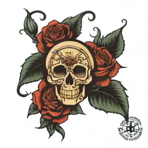 skull clock roses intertwined tattoo design idea