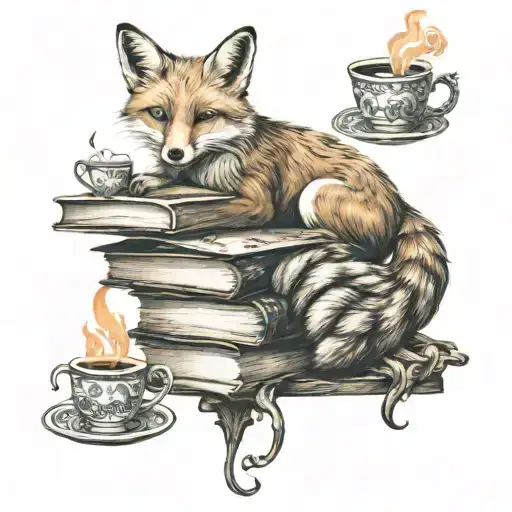 A whimsical fox sitting on a stack of books, surrounded by tea cups and steam, symbolizing relaxation and reading tattoo design idea
