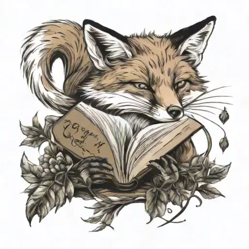 A fox holding a book in its mouth, with tea leaves swirling around it, symbolizing the client's love for foxes, reading, tattoo design idea