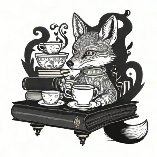 A whimsical fox sitting on a stack of books, surrounded by tea cups and steam, symbolizing relaxation and reading tattoo design idea