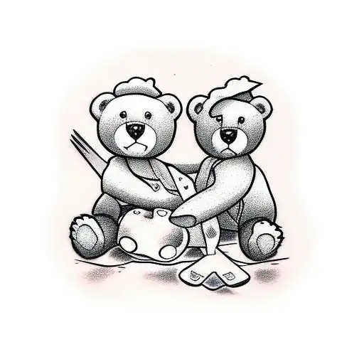 2 teddy bears with their arms around each other. 1 teddy bear is short and has a pony tail wearing a vest. 1 is a chef tattoo design idea