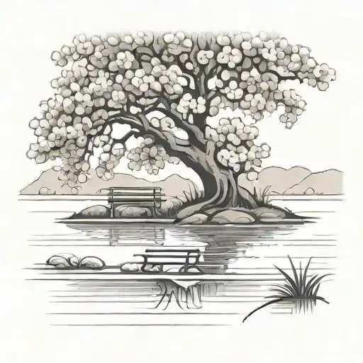 peach tree bench on a lake scene tattoo design idea