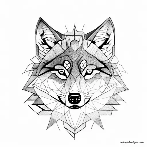A realistic wolf head with half the face in geometric style tattoo design idea