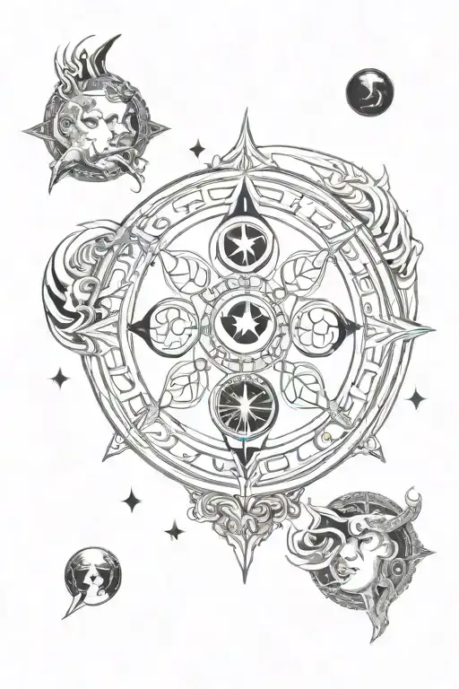 triple moon phases + fire torch hecate symbols tattoo design idea