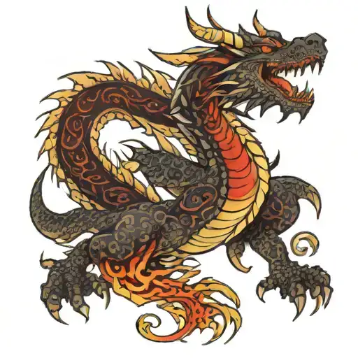 Angry dragon with red eyes, fire-breathing, and mandala patterns. tattoo design idea