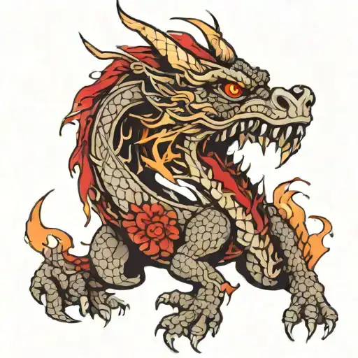 Angry dragon with red eyes, fire-breathing, and mandala patterns. tattoo design idea