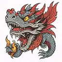 Angry dragon with red eyes, fire-breathing, and mandala patterns. tattoo design idea