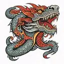 Angry dragon with red eyes, fire-breathing, and mandala patterns. tattoo design idea