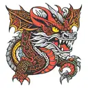 Angry dragon with red eyes, fire-breathing, and mandala patterns. tattoo design idea