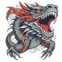 Angry dragon with red eyes, fire-breathing, and mandala patterns. tattoo design idea