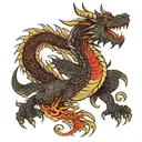 Angry dragon with red eyes, fire-breathing, and mandala patterns. tattoo design idea