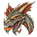 Angry dragon with red eyes, fire-breathing, and mandala patterns. tattoo design idea